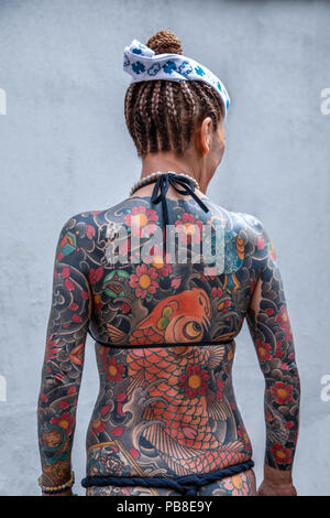 Japan, Tokyo City, Asakusa District , Woman tattoo Stock