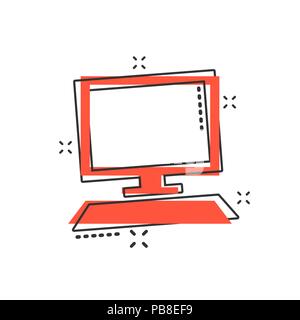 Vector cartoon computer icon in comic style. Monitor sign illustration pictogram. Pc business splash effect concept. Stock Vector