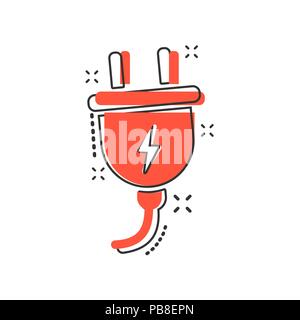 Vector cartoon electric plug icon in comic style. Power wire cable sign illustration pictogram. Wire business splash effect concept. Stock Vector