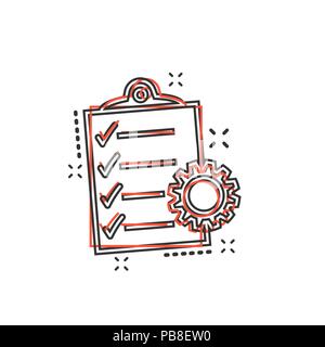 Vector cartoon document icon in comic style. Project management sign illustration pictogram. To do list with gear business splash effect concept. Stock Vector