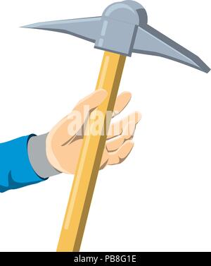 hand holding a pickaxe icon over white background, vector illustration Stock Vector