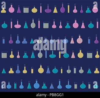 Laboratory tubes, vial with colored liquid, equipment for chemical experiments or tests, seamless science lab pattern, dark background, flat vector illustration. Stock Vector