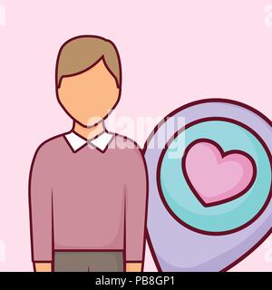 avatar man and location pin with heart icon over pink background, colorful design. vector illustration Stock Vector