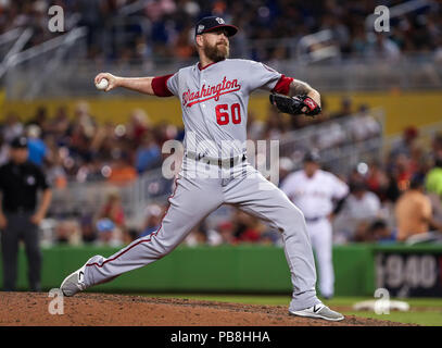 Miami, Florida, USA. 26th July, 2018. Washington Nationals relief pitcher Justin Miller (60) sets up a pitch in the sixth inning during a MLB game between the Washington Nationals and the Miami Marlins at the Marlins Park, in Miami, Florida. The Nationals won 10-3. Mario Houben/CSM/Alamy Live News Stock Photo