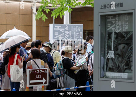 Tokyo, Japan. 27th July, 2018. Visitors line up outside the Ueno Royal Museum to see ''The Miracle of M.C. Escher Prints from The Israel Museum, Jerusalem'' exhibition on July 27, 2018, Tokyo, Japan. The exhibition introduces a selection of 150 works (selected from The Israel Museum) of the Dutch graphic artist Maurits Cornelis Escher at Ueno Royal Museum until July 29. (Photo by Rodrigo Reyes Marin/AFLO) Credit: Aflo Co. Ltd./Alamy Live News Stock Photo