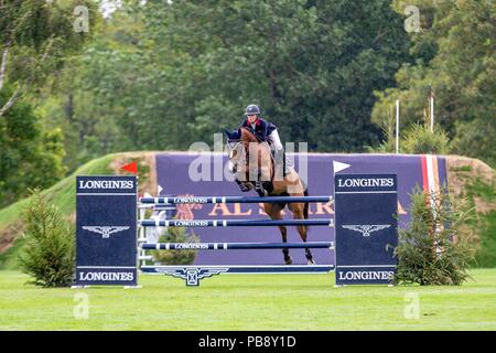 Hickstead, Sussex, UK. 27th July 2018. 3rd Place. Amanda Derbyshire riding Roulette BH. GBR. Jump Off. The Longines BHS King George V Gold Cup. Longines FEI Jumping Nations Cup of Great Britain at the BHS Royal International Horse Show. All England Jumping Course. Hickstead. Great Britain. 27/07/2018. Credit: Sport In Pictures/Alamy Live News Stock Photo