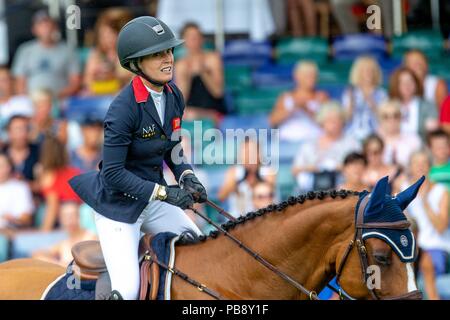 Hickstead, Sussex, UK. 27th July 2018. 3rd Place. Amanda Derbyshire riding Roulette BH. GBR. Jump Off. The Longines BHS King George V Gold Cup. Longines FEI Jumping Nations Cup of Great Britain at the BHS Royal International Horse Show. All England Jumping Course. Hickstead. Great Britain. 27/07/2018. Credit: Sport In Pictures/Alamy Live News Stock Photo