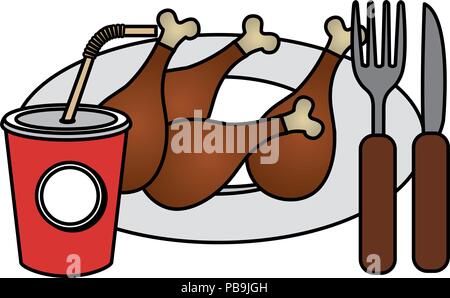 chicken thighs with cutleries and soda Stock Vector