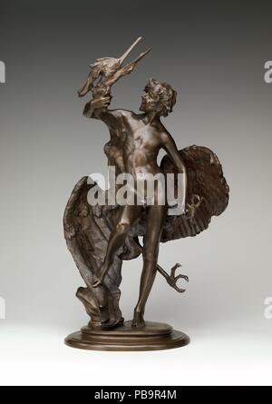 Young Faun with Heron. Artist: Frederick William MacMonnies (American, New York 1863-1937 New York). Dimensions: 27 1/4 x 15 x 9 1/4 in. (69.2 x 38.1 x 23.5 cm). Date: 1889-90, cast 1890.  MacMonnies produced a large bronze 'Young Faun with Heron' for Naumkeag, a house in Stockbridge, Massachusetts, designed by Stanford White for Ambassador and Mrs. Joseph H. Choate. The ancient pagan motif of a child wrestling with a bird is recapitulated in this dynamic reduction. The taunting faun, identified as such only by its wreath of leaves, firmly grasps the heron's neck and restrains one of its legs. Stock Photo