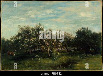 Apple Blossoms. Artist: Charles-François Daubigny (French, Paris 1817-1878 Paris). Dimensions: 23 1/8 x 33 3/8 in. (58.7 x 84.8 cm). Date: 1873.    Critic Théophile Gautier extolled Daubigny's landscapes as 'pieces of nature cut out and set into golden frames.' The artist first painted flowering orchards about 1857, reprising the motif almost every spring. His unpretentious subject matter, rendered with rapid, summary brushstrokes, soon earned the admiration of younger colleagues like Monet. By the time of this canvas in 1873, Daubigny, had, in turn, assimilated their high-keyed palette, evide Stock Photo