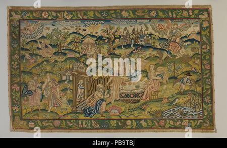 Scenes from the Story of Abraham. Culture: British. Dimensions: H. 23 x W. 37 1/4 inches (58.4 x 94.6 cm). Date: mid-17th century.  This panel was probably intended as a cushion cover. It illustrates scenes from the life of the biblical patriarch Abraham, as recounted in the Book of Genesis. The central scene shows Abraham being informed by a host of angels that his wife Sarah will bear him a son, despite her advanced age. Other scenes include Abraham banishing his servant Hagar and her son by Abraham, Ishmael (lower left corner), and Abraham's attempted sacrifice of Sarah's son Isaac, the act Stock Photo