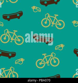 Skateboard, bike, whistle pattern seamless. Vector illustration. Turquoise background. Stock Vector