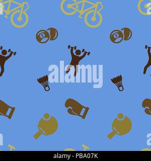 Sports games set pattern seamless. Billiards, table tennis, boxing, weightlifting, badminton. Vector illustration. Blue background. Stock Vector