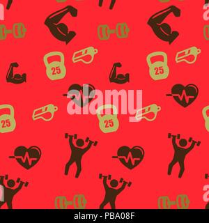 Sports set pattern seamless. Vector illustration. Red background. Stock Vector