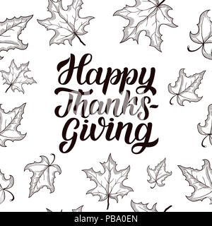 Happy thanksgiving brush hand lettering with sketched colorful autumn ...