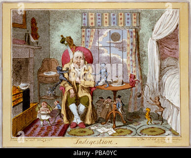 . English: Title: Indigestion Abstract: Cartoon by George Cruikshank showing man suffering from indigestion beset by little demons. Physical description: 1 print : engraving, hand col. Notes: This record contains unverified, old data from caption card.; Forms part of : British Cartoon Prints Collection (Library of Congress).; A. Crowquill Esqr. delt. ; etched by G.Ck. -- Pubd. by S. Knight Sweetings Alley Royal Xchange, Decr. 12th 1825. before 1825 802 Indigestion LCCN2002721265 Stock Photo