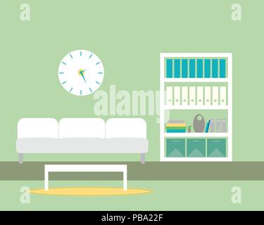Flat design illustration of a living room with a seat, a bookcase with books and folders, a coffee table on a carpet and a clock on a green wall - vec Stock Vector