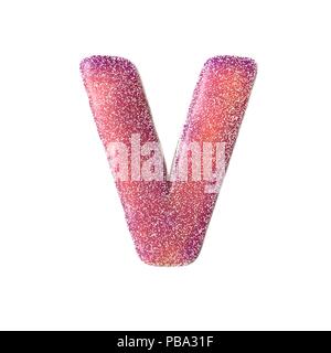 Red sour candy letter V Isolated on white background Stock Photo