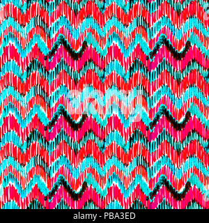 Watercolor turquoise and pink ikat vibrant seamless pattern. Trendy tribal pattern in watercolour style. Peacock feather for fabric, textile, ceramic Stock Photo