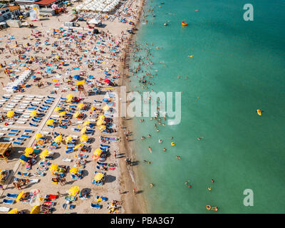 COSTINESTI, ROMANIA - JULY 11, 2018: Aerial Drone View Of People Having