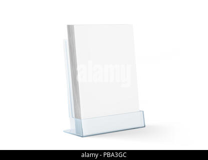 Blank flyer mockup glass plastic transparent holder isolated, 3d rendering. Plain flier stand in plexiglass tray. Clear brochure holding in acrylic po Stock Photo