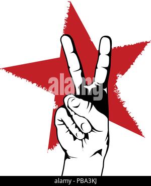 Peace or victory hand gesture in front of red star Stock Vector