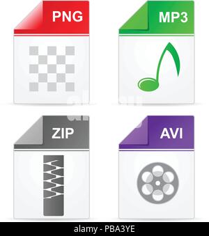 Filetype format icons - zip, png, mp3, avi Stock Vector