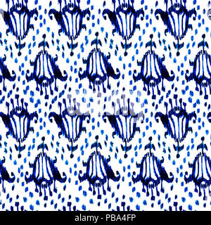 Ikat seamless bohemian ethnic blue and white pattern in watercolour style. Watercolor ikat oriental ornaments for fabric, textile, wrapping Stock Photo