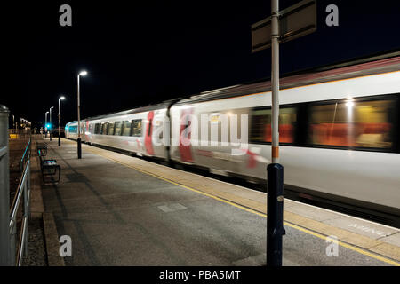 Cross Country train leaving Chesterfield Railway Station at night, Chesterfield, Derbyshire, England, UK Stock Photo