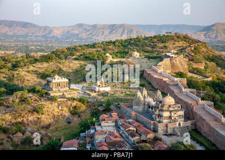 The Jain Temple and fortress defensive wall from the top of Kumbhal Fort, Udaipur, India Stock Photo