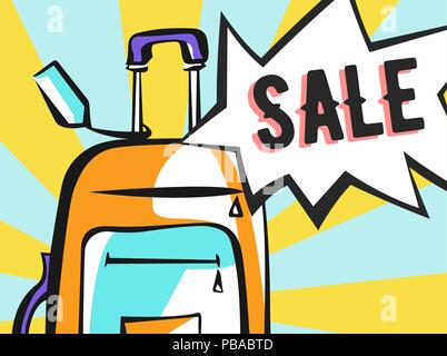 Sale banner in pop art style. Bag with rays and comic speech bubble. Stock Vector