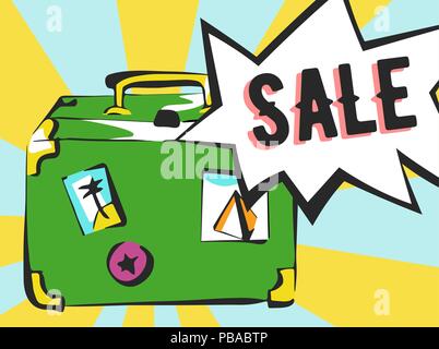 Sale banner in pop art style. Suitcase with rays and comic speech bubble. Stock Vector