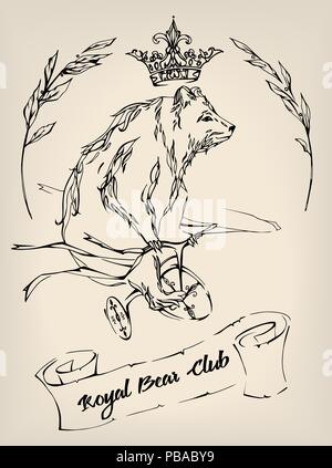 Ink drawn bear on a bicycle with ribbons, twigs and crown. Illustration could be used as print, sign or tattoo Stock Vector