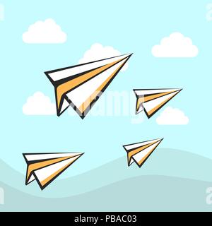 Paper Planes Icons Background. Vector Sky With Clouds Stock Vector