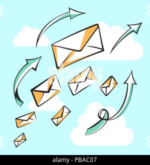 Flying messages with arrows. Career, growth, infographic or leadership concept. Air mail, post letter, delivery service or e-mail vector conception. Stock Vector