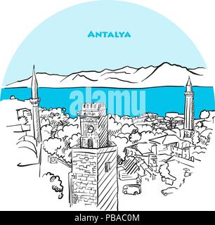 Antalya two toned drawing. Hand-drawn vector illustration of Antalya old town with blue sea in background. Stock Vector