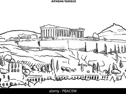 Athens, Greece famous temple sketch. Lineart drawing by hand Stock ...