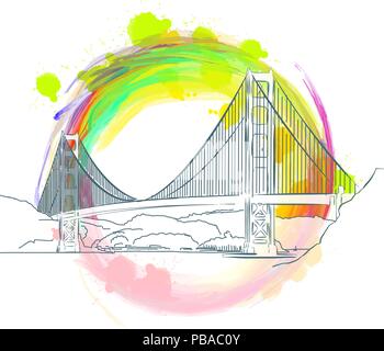 Colored landmark of Golden Gate Bridge near san francisco. Hand-drawn vector sketch. Stock Vector