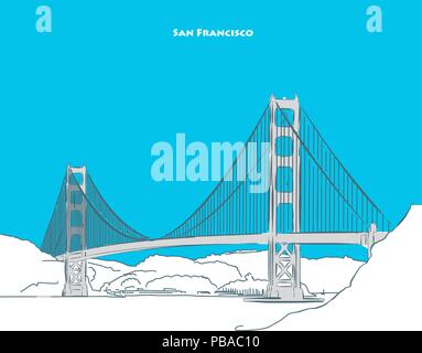 Two-toned landmark of Golden Gate Bridge near san francisco. Hand-drawn vector sketch. Stock Vector