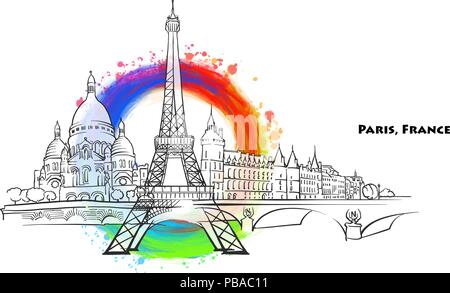 Paris landmarks with colored background. Hand-drawn vector sketch Stock Vector
