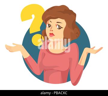 Vector woman with a question mark. Girl doubts. 'I dont know' expression Stock Vector