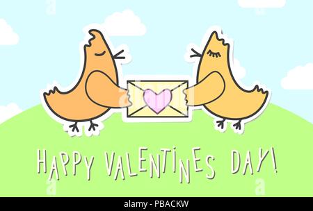 Love birds vector card for St. Valentine's Day. Birds with hearts childish poster Stock Vector