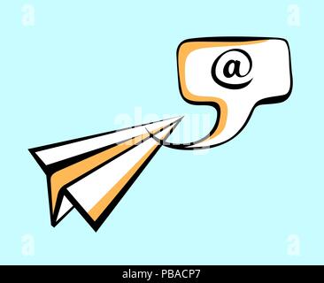 Paper plane delivering mail message in speech bubble. Pop art style sign. Air mail, post letter, delivery service or e-mail vector concept Stock Vector