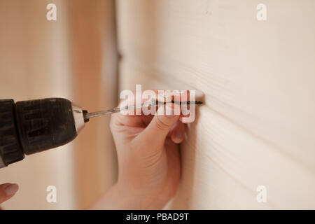 Close-up the woman holding the screw and the electric screw-driver. Stock Photo