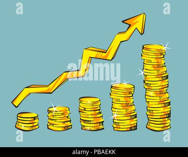Gold coins with increasing arrow in retro cartoon style. Golden money vector illustration. Business success, bank credits, deposit, investment, saving Stock Vector