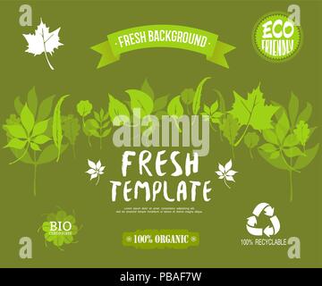 100% organic, eco friendly,  bio certificate, recyclable labels.Green forest silhouette background. Vector banner, brochure or web page template. Gree Stock Vector