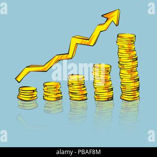 Coins stacks with reflection,  increasing arrow in retro cartoon style. Golden money vector illustration. Business success, bank credits, deposit, inv Stock Vector