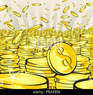 Golden money rain. Falling gold and stacks of coins. Retro vector illustration of the shining wealth. Lottery winning or bussiness success concept. Po Stock Vector