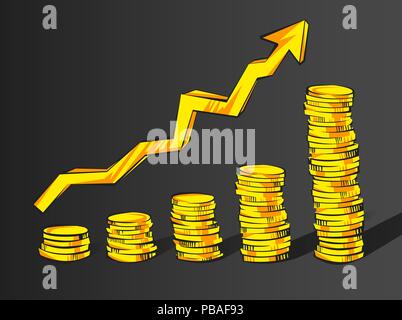 Coins stacks with shadows,  increasing arrow in retro cartoon style. Golden money vector illustration. Business success, bank credits, deposit, invest Stock Vector