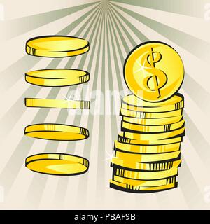 Golden money rain and stack. Vector falling coins. Dollar sign. Stock Vector